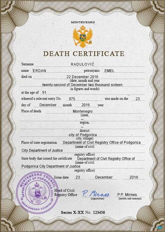 Download Montenegro vital record death certificate PSD template Photoshop template